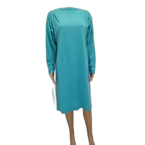 80s Vintage Handmade Long Sleeve Aquamarine High Neck Dress Size Medium - Picture 1 of 7